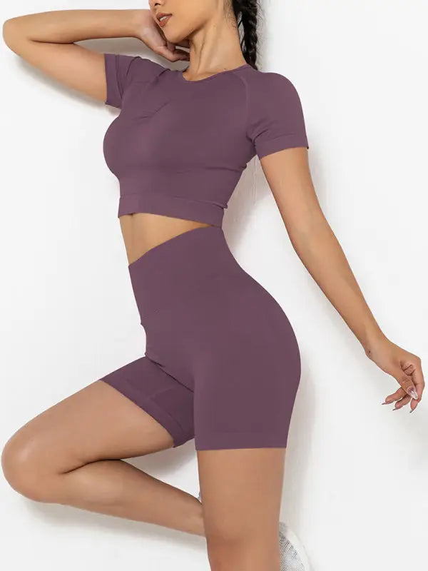 Quick dry high waist seamless shorts two-piece set - purplish red / s - activewear