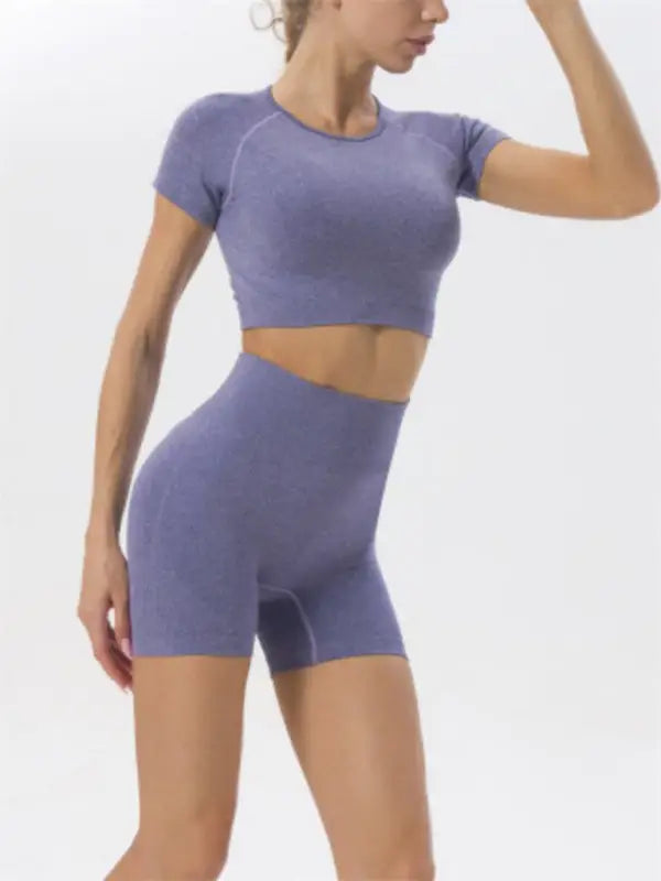 Quick dry seamless yoga short sleeve + shorts two-piece set - blue grey / s - activewear