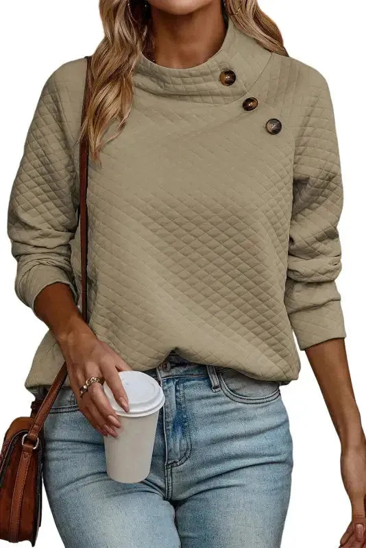 Quilted Buttoned Neckline Sweatshirt - Fashionfitz