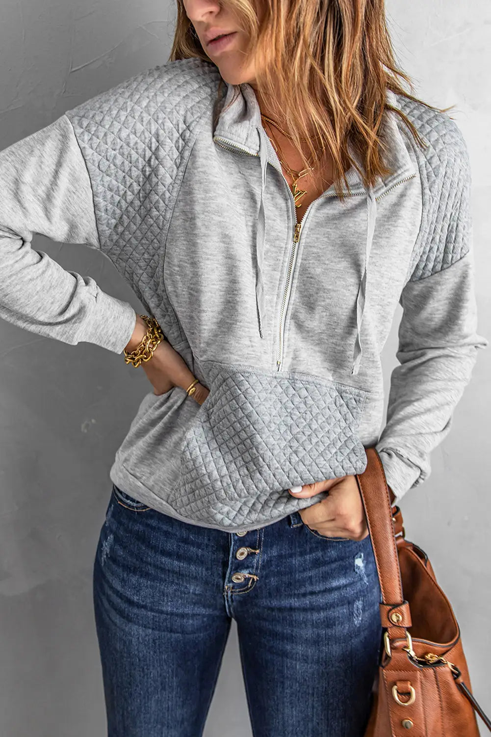 Quilted patch half zipper sweatshirt - gray / s /