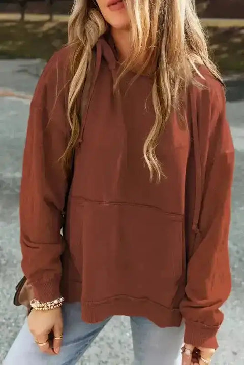 Chestnut quilted patchwork exposed seam hoodie front view — Fashionfitz UK