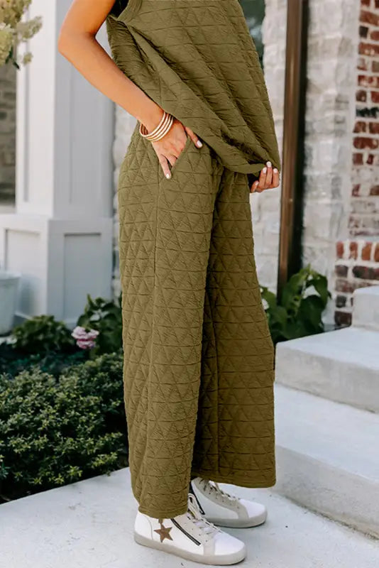 Black quilted short sleeve wide leg pants set - two piece pant sets