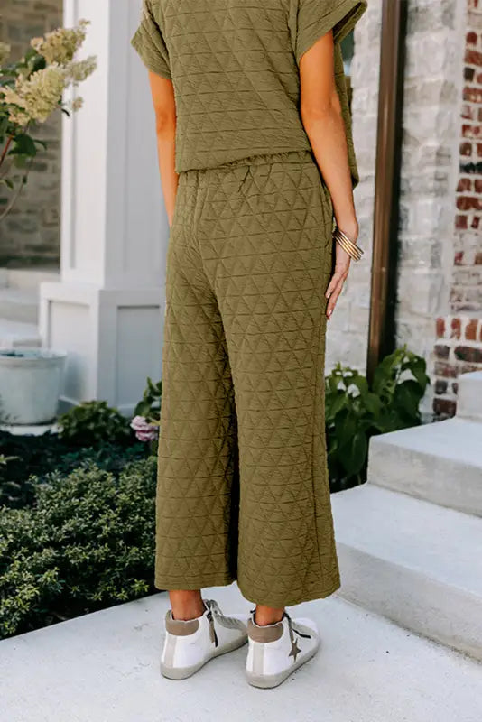 Black quilted short sleeve wide leg pants set - two piece pant sets