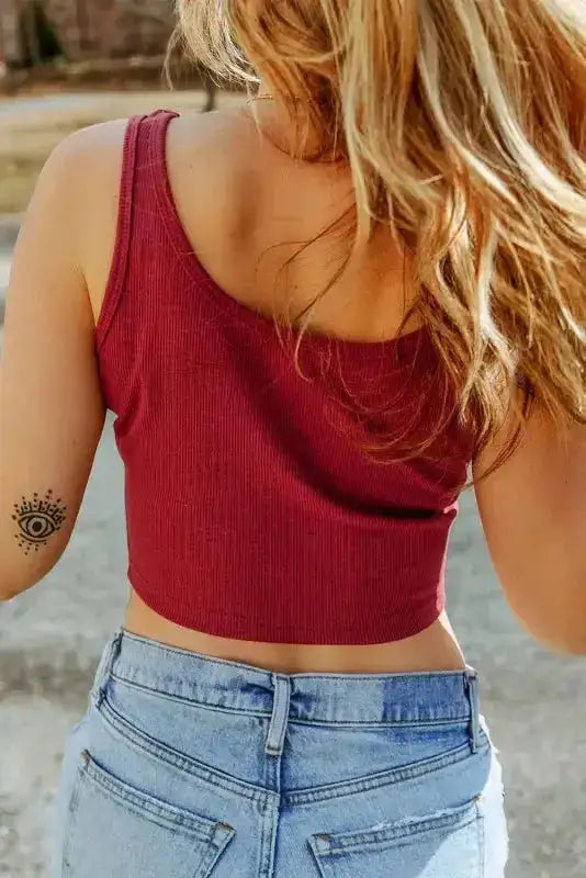 Red ribbed knit sleeveless crop top back view — Fashionfitz UK