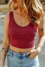 Racing Red Ribbed Knit Sheath Sleeveless Crop Top - Fashionfitz