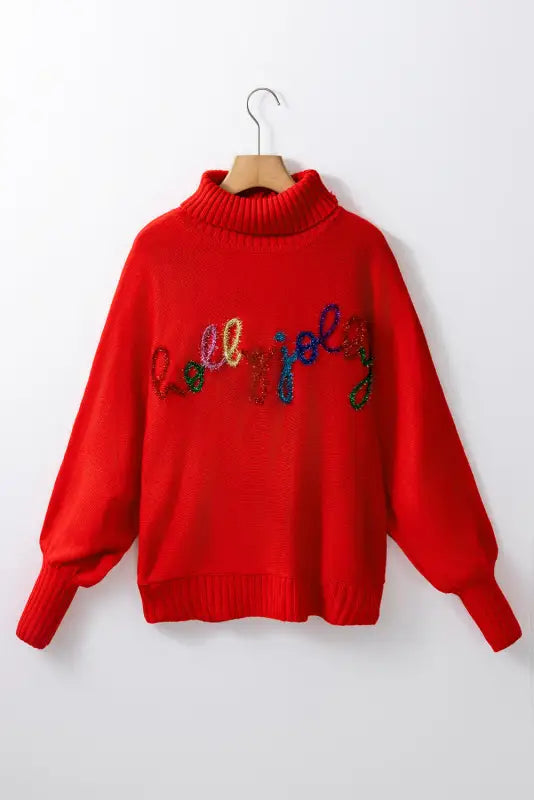 Racing red valentine love letter embroidered high neck sweater - tops