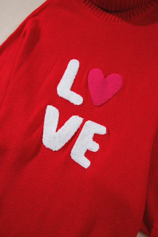 Racing red valentine love letter embroidered high neck sweater - tops