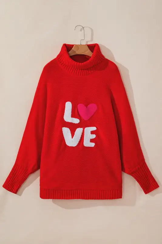 Racing red valentine love letter embroidered high neck sweater - tops