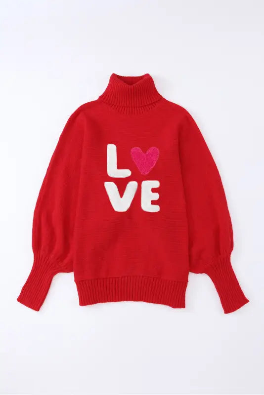 Racing red valentine love letter embroidered high neck sweater - tops