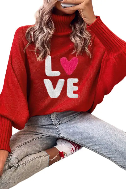 Racing red valentine love letter embroidered high neck sweater - tops