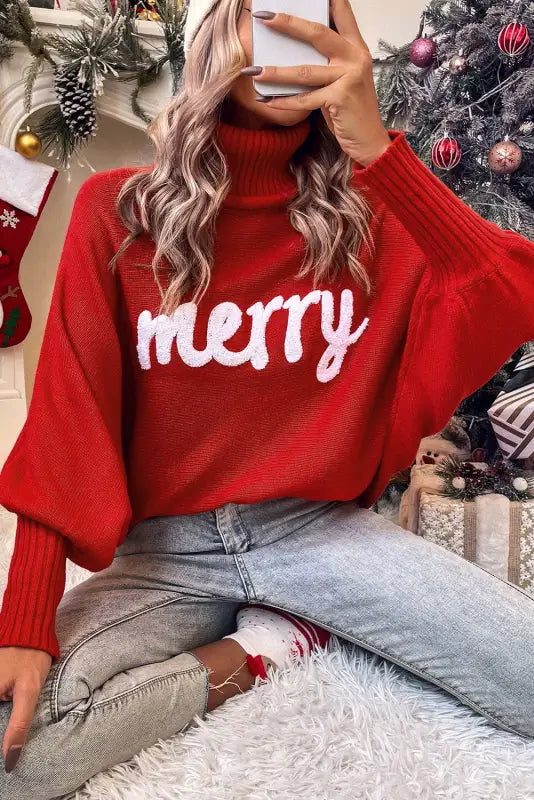 Racing red valentine love letter embroidered high neck sweater - tops