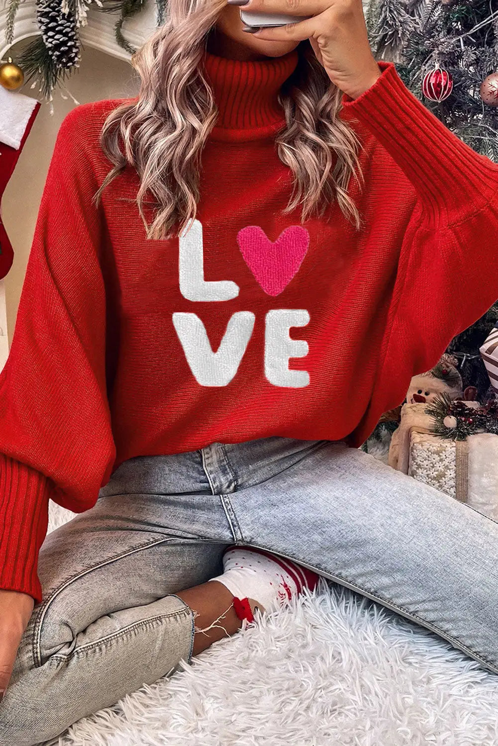 Racing red valentine love letter embroidered high neck sweater - s / 100% acrylic - tops