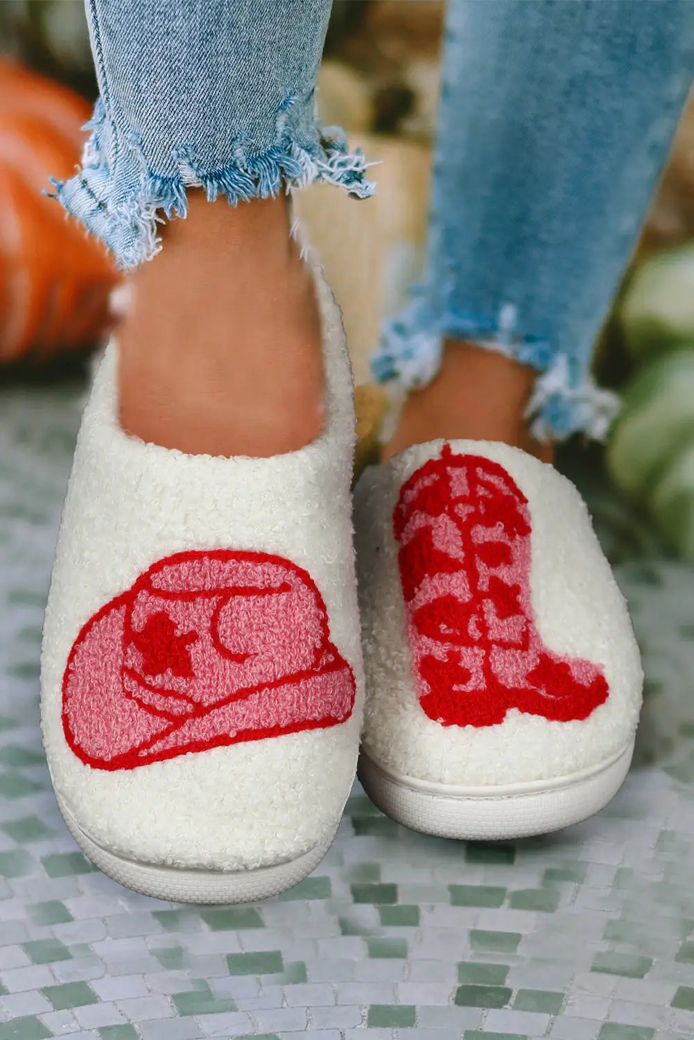 Racing red western graphic embroidered sherpa home slippers - rush / 37 / 100% polyester + 100% tpr