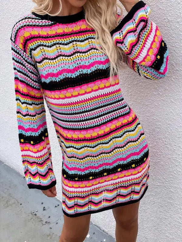 Rainbow stripe sweater dress - blue / s - dresses