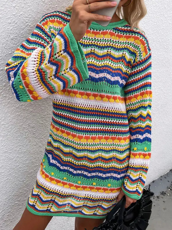 Rainbow stripe sweater dress - green / s - dresses
