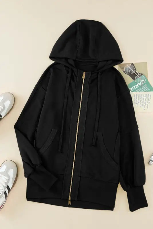 Black raw edge exposed seam full zip hoodie - sweatshirts & hoodies