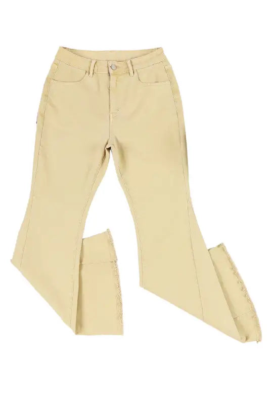 Khaki raw edge mid waist flared jeans