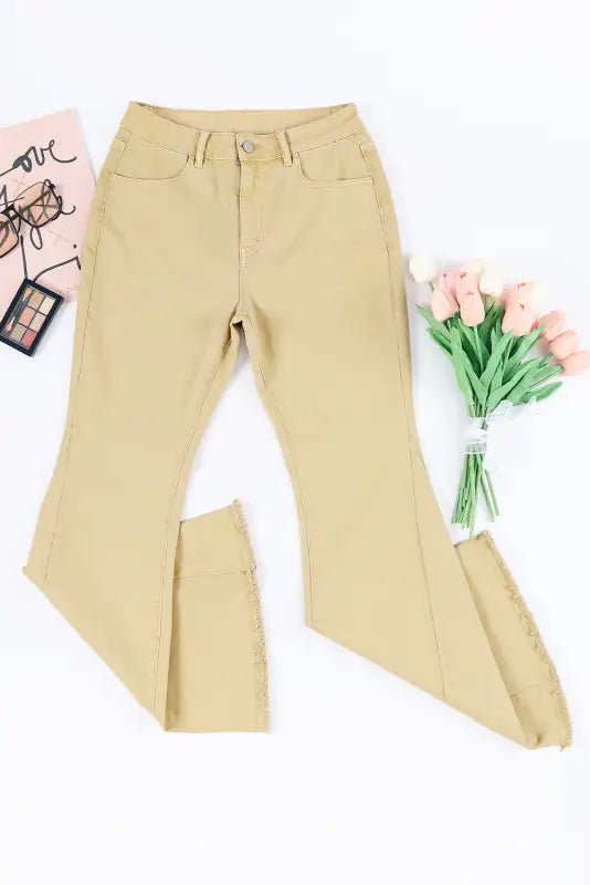 Khaki raw edge mid waist flared jeans