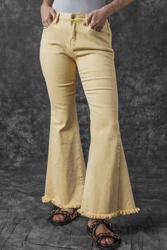 Khaki raw edge mid waist flared jeans