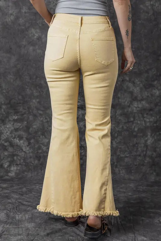 Khaki raw edge mid waist flared jeans