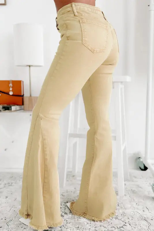 Khaki raw edge mid waist flared jeans