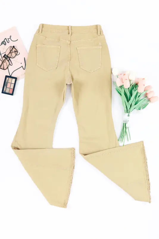 Khaki raw edge mid waist flared jeans