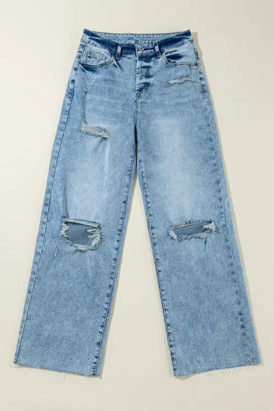 Raw hem straight jeans - light blue distressed ripped