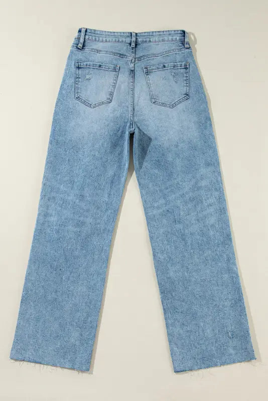 Raw hem straight jeans - light blue distressed ripped