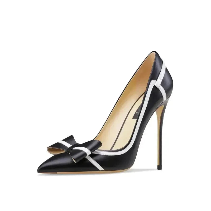 Close-up of butterfly-knot bow and genuine leather upper on stiletto pump Fashionfitz UK