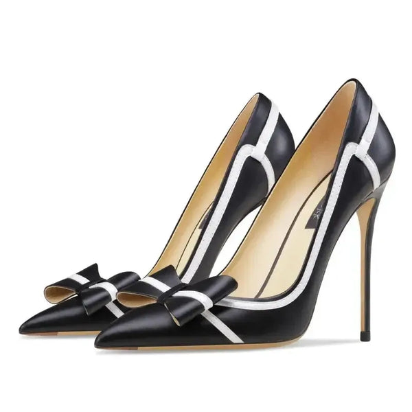 Black leather butterfly knot stiletto pumps front view Fashionfitz UK