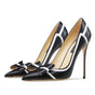 Black leather butterfly knot stiletto pumps front view Fashionfitz UK
