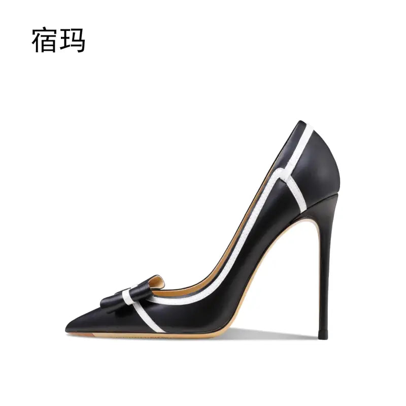 Real leather butterfly-knot high heels stiletto pumps