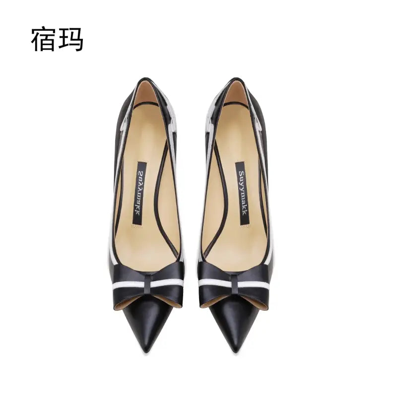 Real leather butterfly-knot high heels stiletto pumps