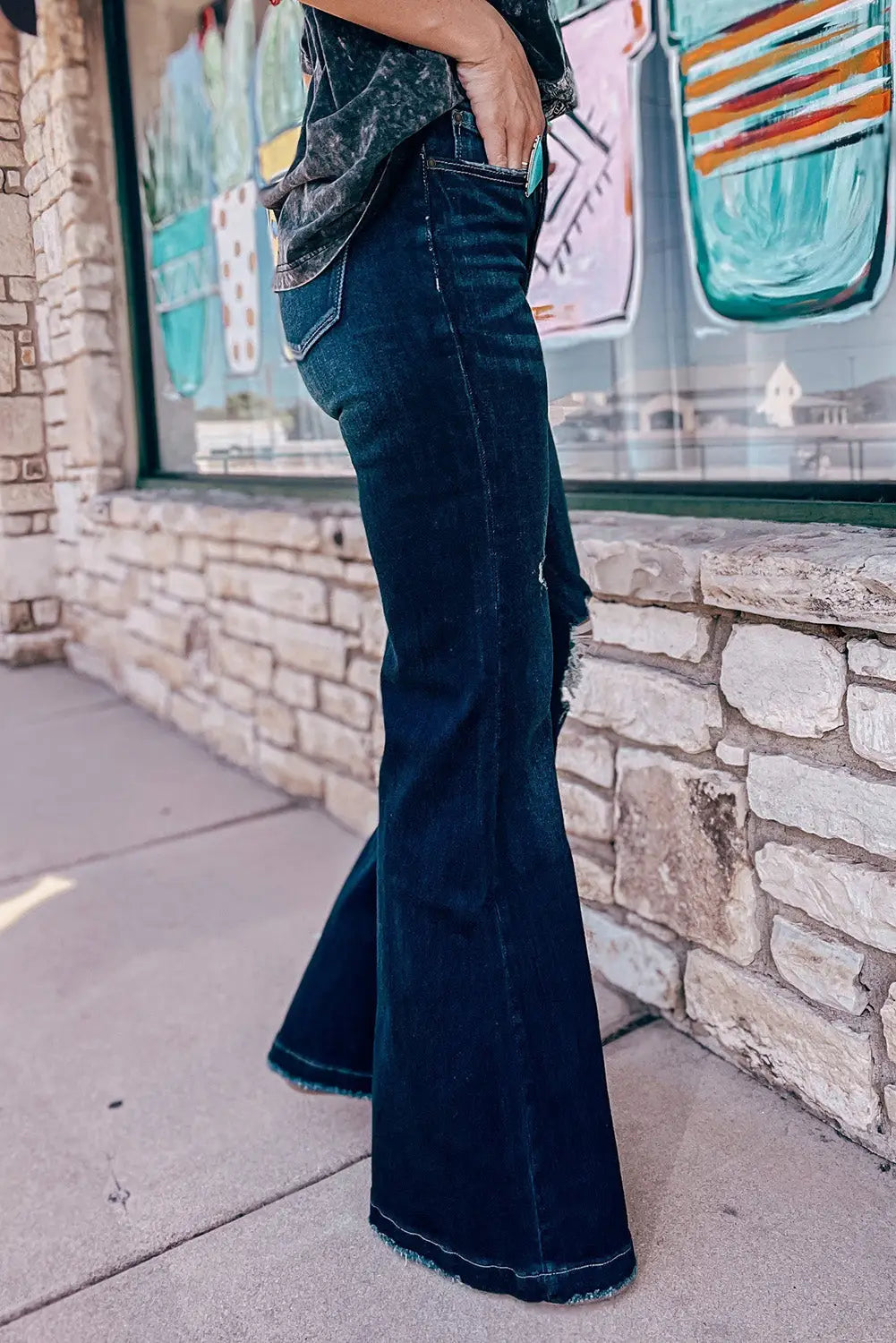 Real teal high rise ripped bell bottom jeans - bottoms