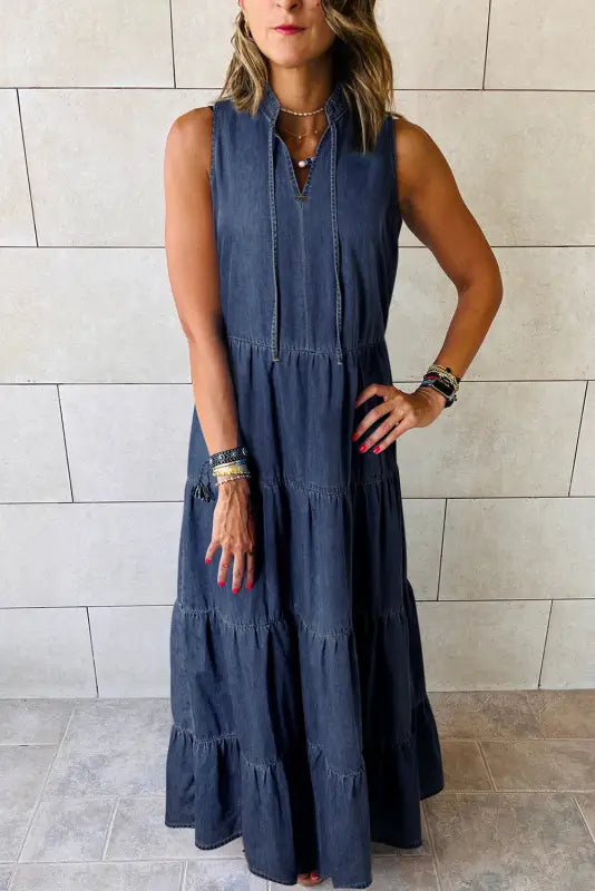 Real teal sleeveless tiered chambray maxi dress - s / 95% cotton + 5% polyester - dresses/maxi dresses