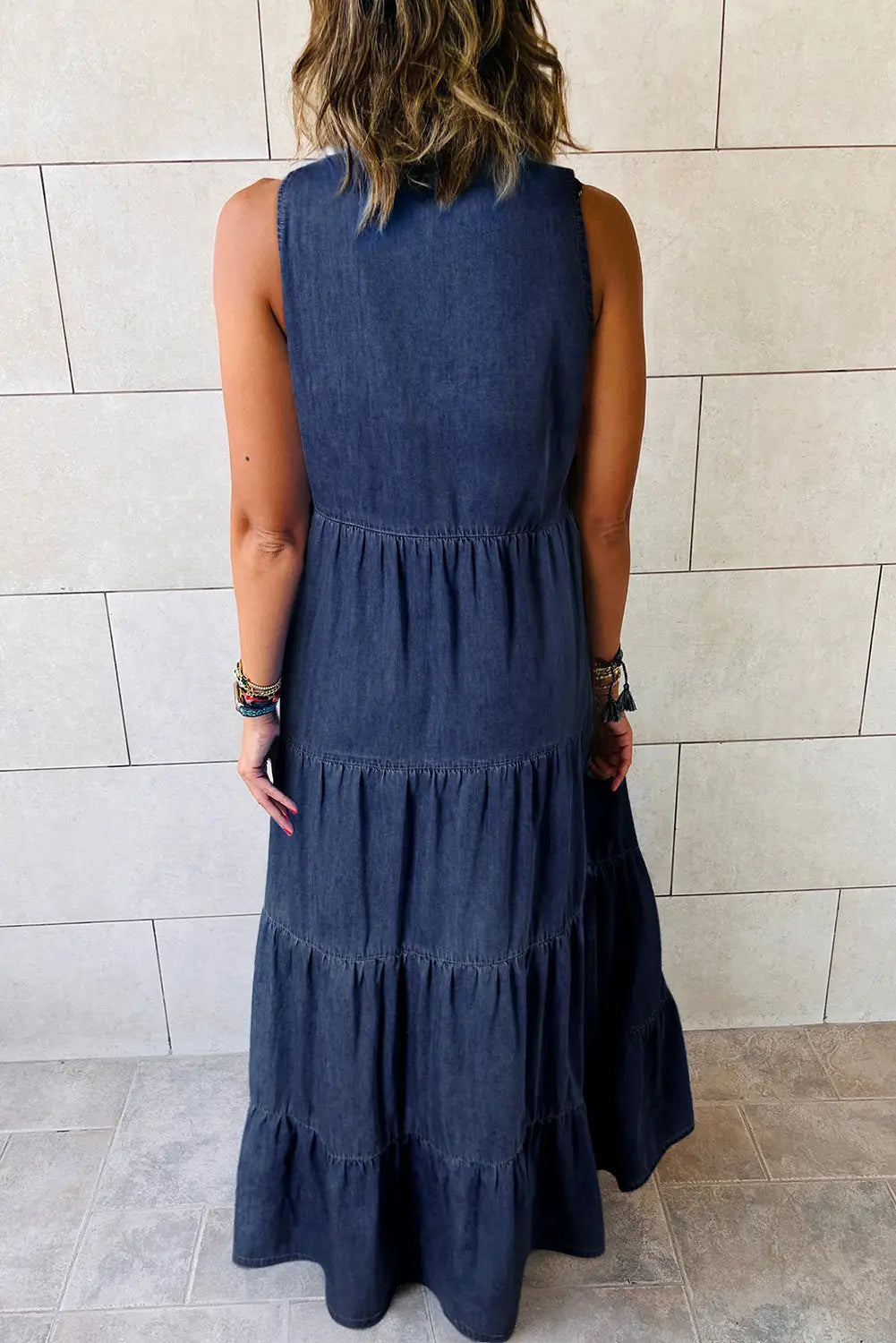 Real teal sleeveless tiered chambray maxi dress - dresses/maxi dresses