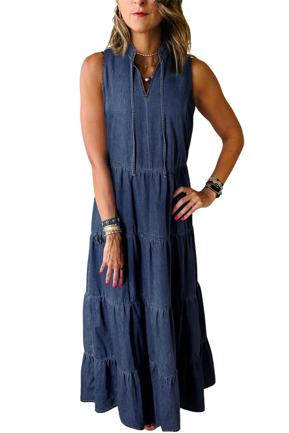 Real teal sleeveless tiered chambray maxi dress - dresses/maxi dresses