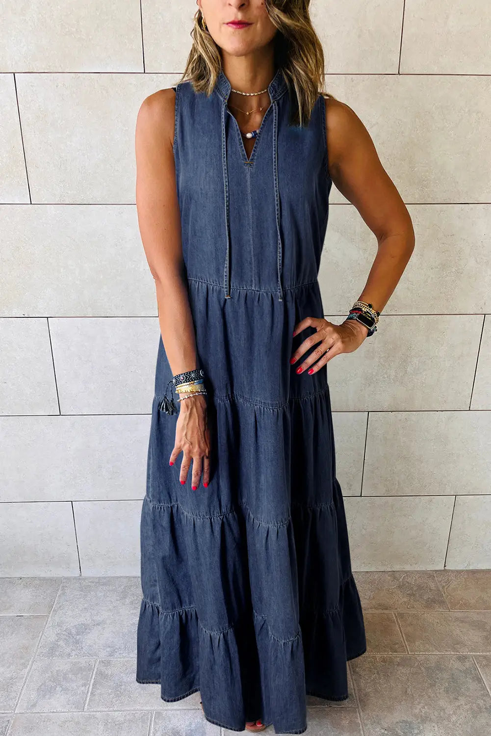 Real teal sleeveless tiered chambray maxi dress - s / 95% cotton + 5% polyester - dresses/maxi dresses