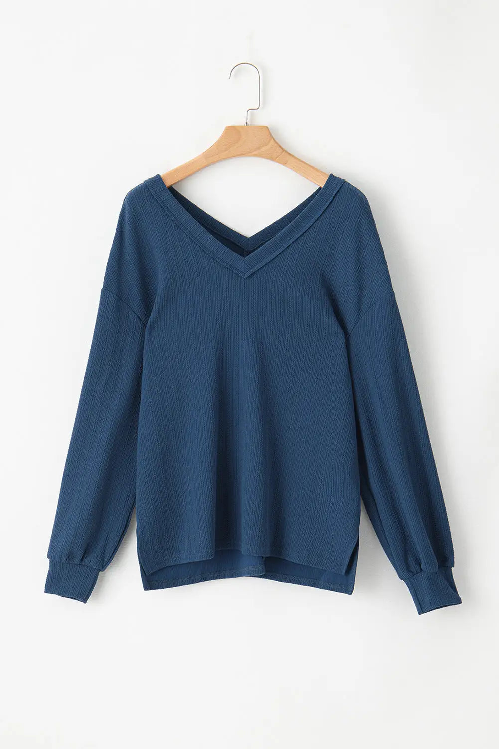 Real teal v neck textured long sleeve top - tops