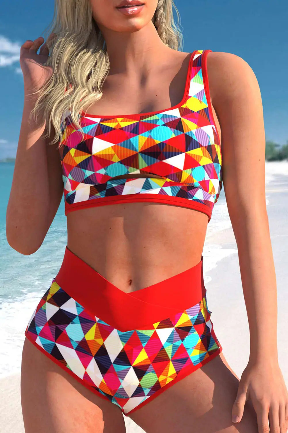 Red 2pcs geometric print notch high waisted bikini - s - waist swimsuits