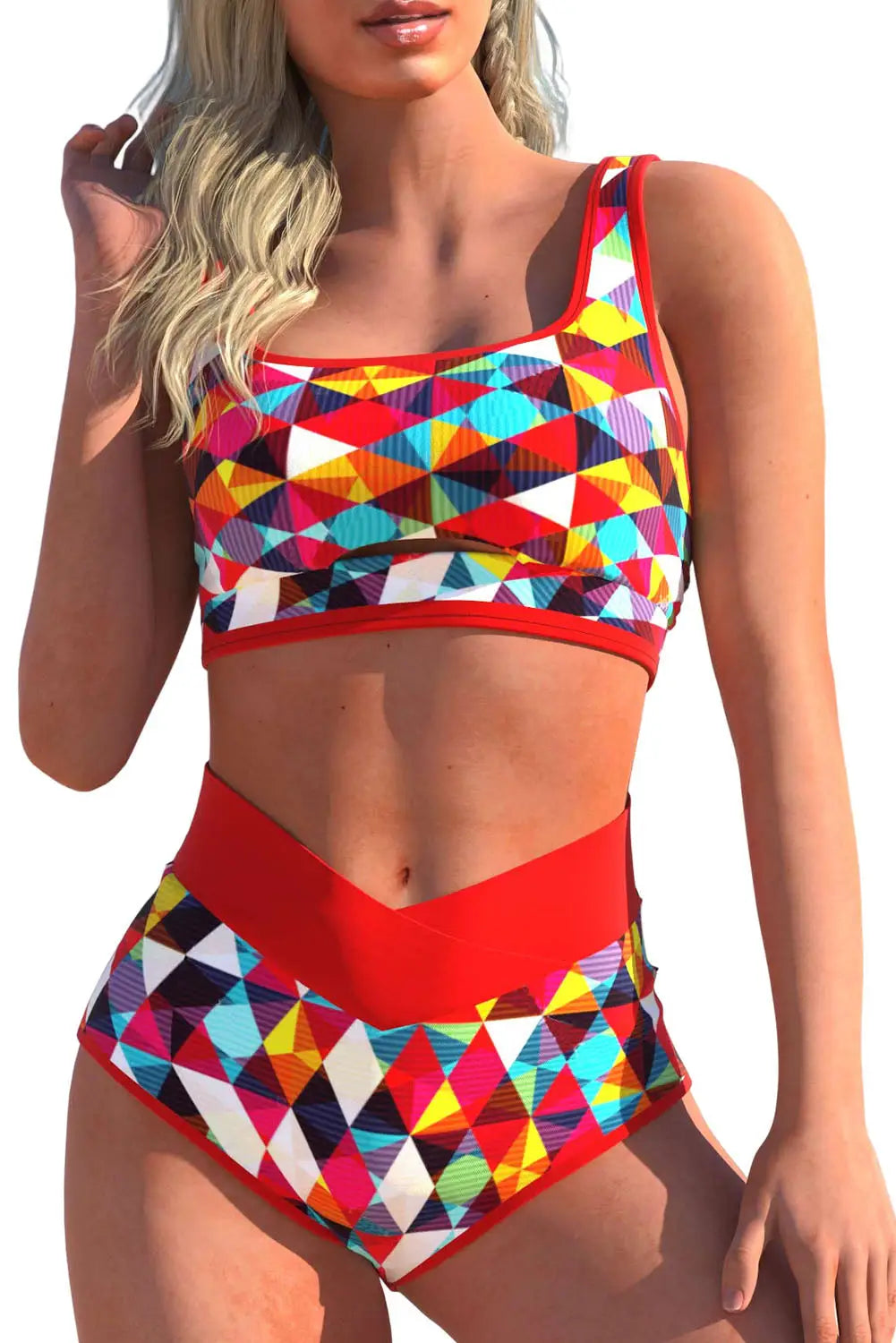 Red 2pcs geometric print notch high waisted bikini - waist swimsuits