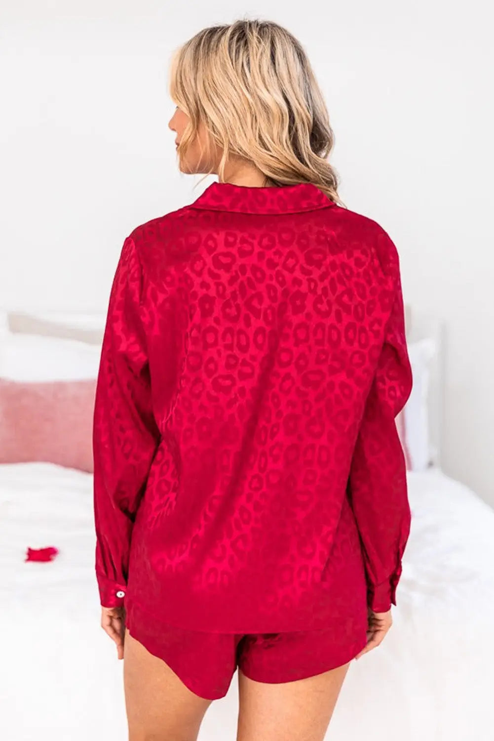 Red 2pcs satin leopard long sleeve top and shorts lounge set