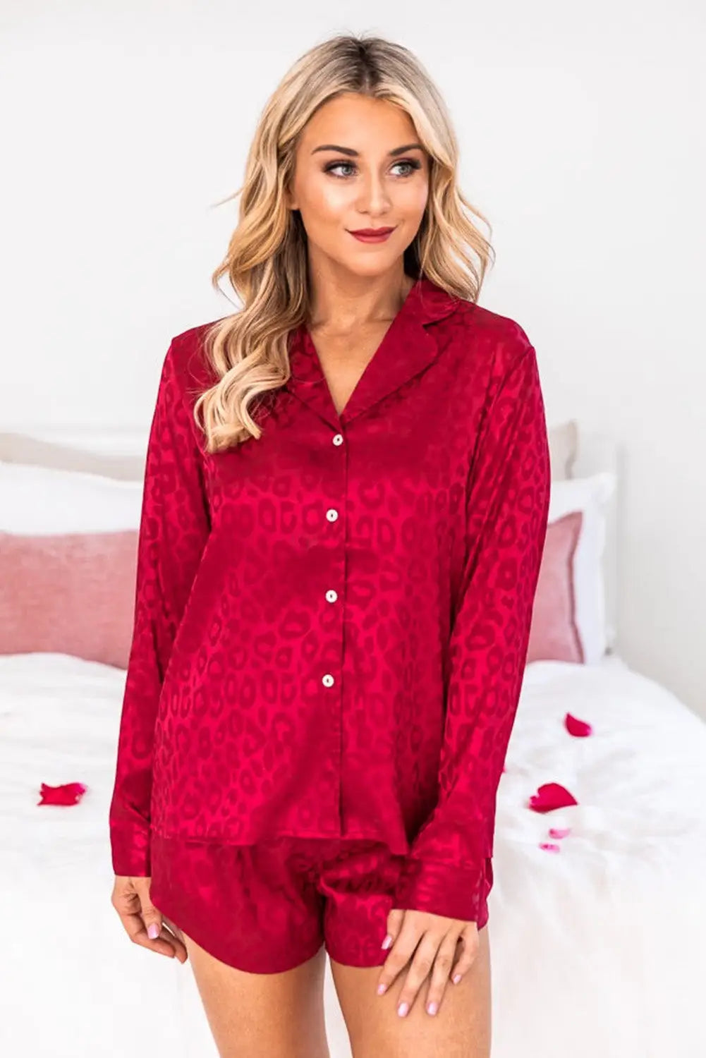 Red 2pcs satin leopard long sleeve top and shorts lounge set - loungewear