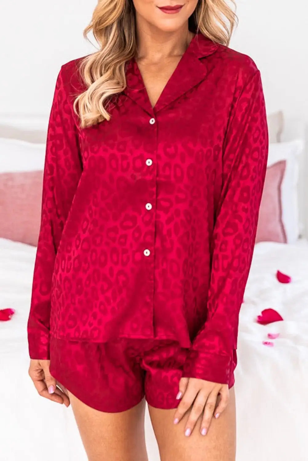Red 2pcs satin leopard long sleeve top and shorts lounge set - s / 95% polyester + 5% elastane - loungewear