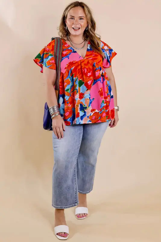 Red abstract floral print v neck plus blouse - size