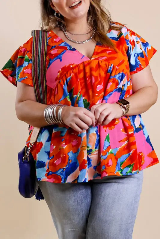 Red abstract floral print v neck plus blouse - size