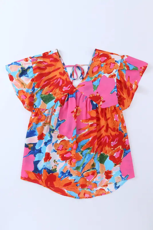 Red abstract floral print v neck plus blouse - size