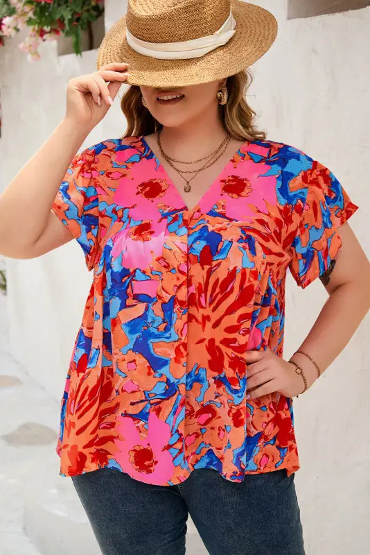 Red abstract floral print v neck plus blouse - size