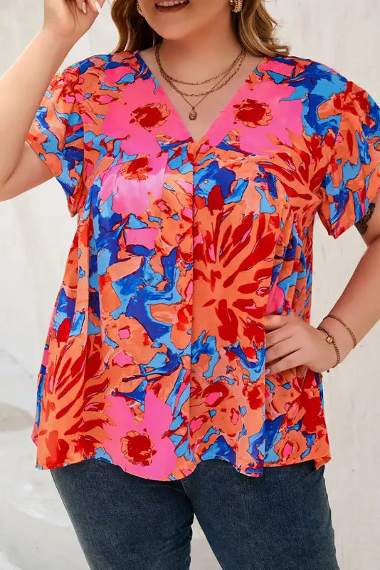 Red abstract floral print v neck plus blouse - size