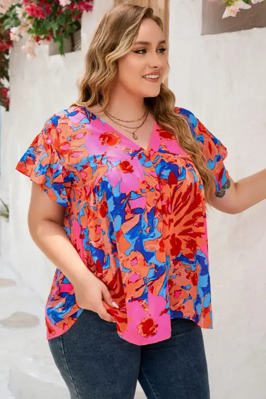 Red abstract floral print v neck plus blouse - size